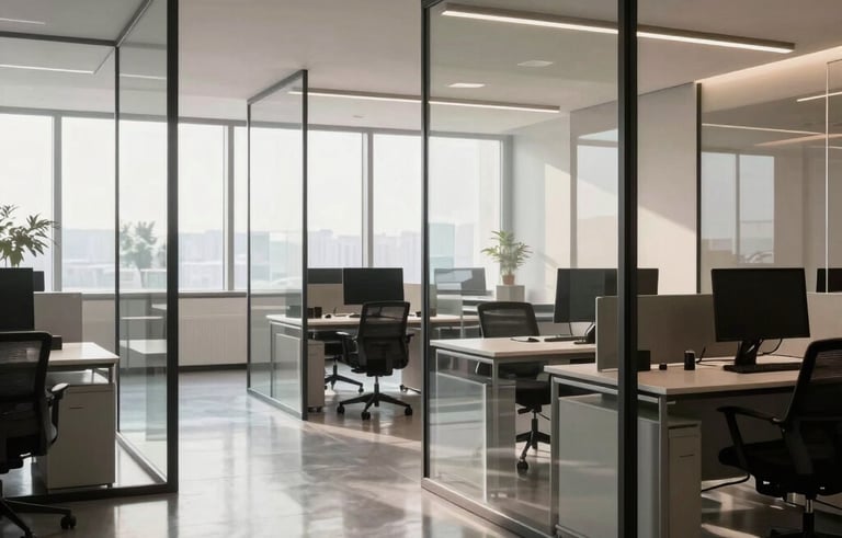 A modern, professional Italian office space with glass partitions and sleek desks. The floor is impeccably clean and reflective. Soft morning light enters through large windows, highlighting an orderly and sanitized work environment.