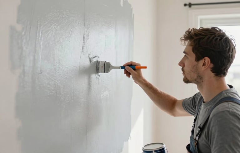 A professional interior painter meticulously applying light gray paint to the walls of a clean Turkish / Anatolian living room. The composition is focused on the precision of the work, featuring soft natural lighting and a high-quality finish, reflecting over 25 years of experience.