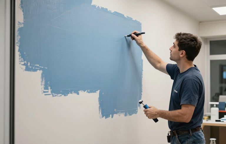 Interior of a Turkish business or shop during an upgrade. A professional painter is working on the interior walls with slate blue and off-white colors, highlighting the meticulous and clean work process. Bright, professional environment.