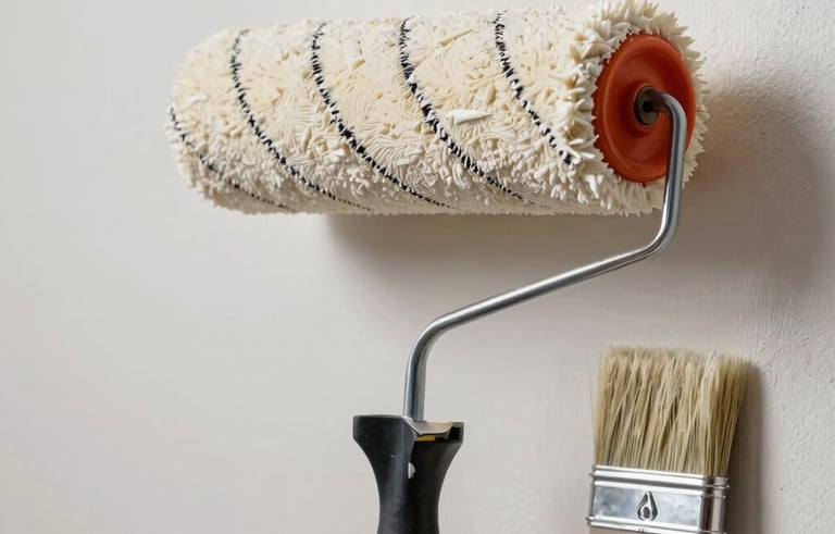 A close-up photograph of professional painting equipment, including a high-quality roller and brush with off-white paint, set against a perfectly prepped interior wall. Professional Anatolian craftsmanship, clean and reliable aesthetic.