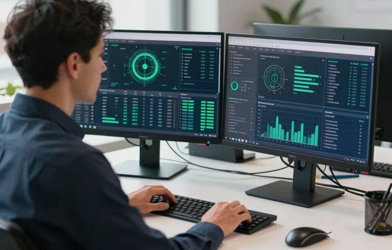A candid shot of a professional analyst in a contemporary North American / Global Business setting, working at a clean white desk with dual monitors showing intricate data visualizations in green and medium blue. Natural light pours in from a large window.