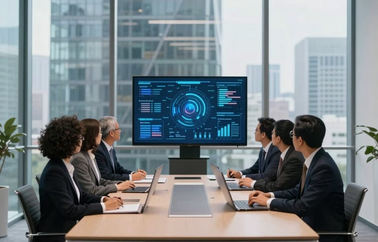A wide-angle professional photograph of a minimalist, high-tech boardroom in a glass-walled skyscraper. A team of diverse professionals in North American / Global Business attire are focused on a sophisticated data presentation. Lighting is crisp and professional.