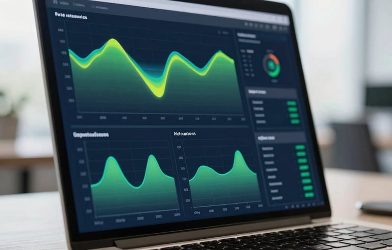 A close-up photograph of a sleek laptop screen displaying high-end, sophisticated data analytics charts and heatmaps in dark blue and green. The setting is a bright, modern North American / Global Business office with soft morning light.
