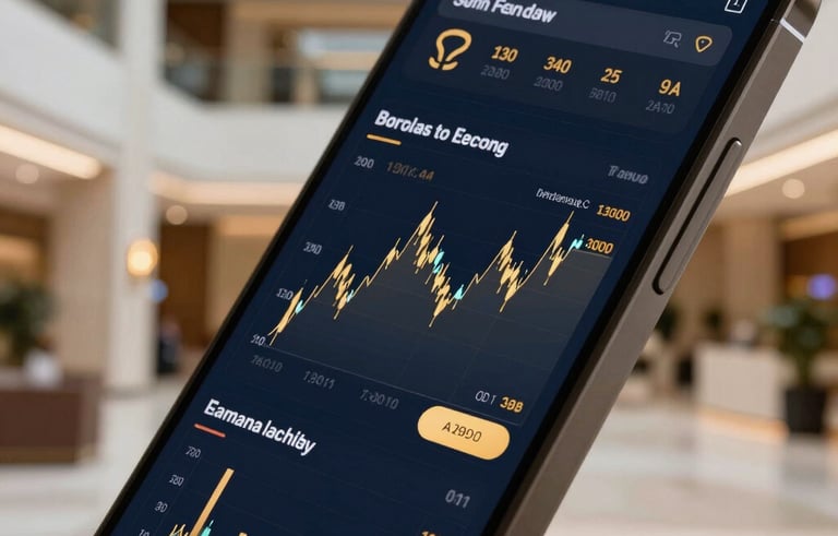 Close-up of a high-end mobile device displaying a sophisticated financial dashboard with gold and blue color schemes. The background shows a blurred luxury North American lobby with modern architecture.