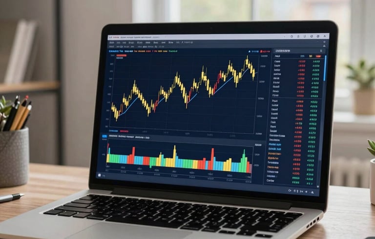 A sleek, modern laptop display showing professional forex candlestick charts and technical indicators. The setting is a bright, airy home office in a North American suburb. Soft natural lighting from a window. Colors include dark blue and gold accents in the decor.