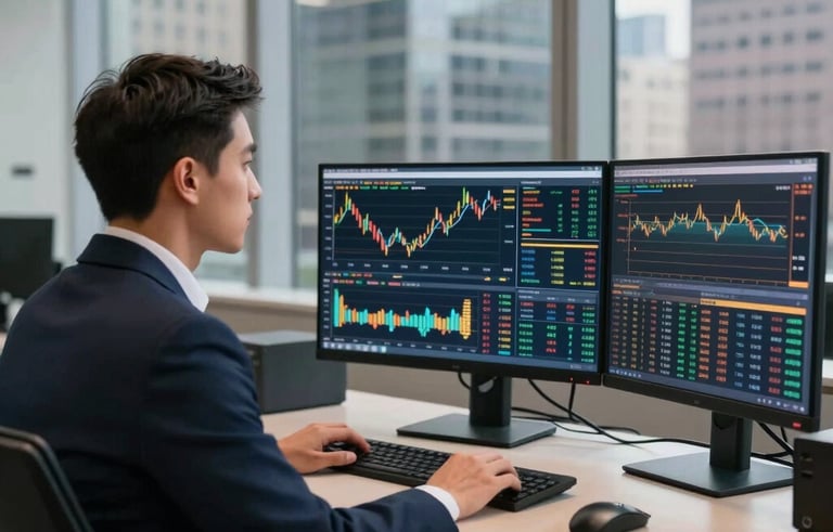 A professional trader in business attire looking at multiple high-resolution monitors with live financial data. The background is a high-rise office in a North American city. The lighting is crisp and modern, featuring navy and gold tones.