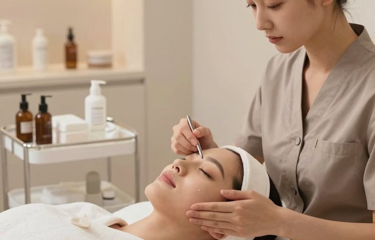 A serene skincare treatment room in a professional unisex salon. A client is receiving a facial from a professional specialist. The scene is clean and modern with warm taupe and off-white accents.