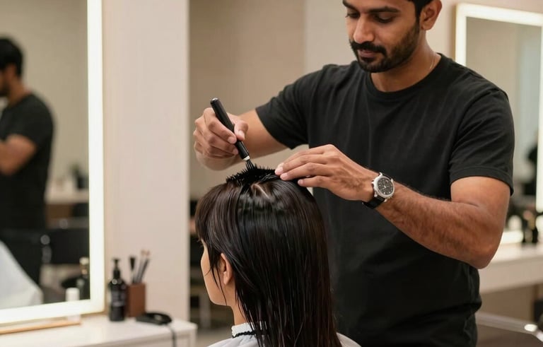 A professional South Asian hair stylist in a modern salon with off-white and warm taupe interiors, performing a precision haircut for a client. Soft, professional lighting highlights the luxurious atmosphere and high-quality tools.