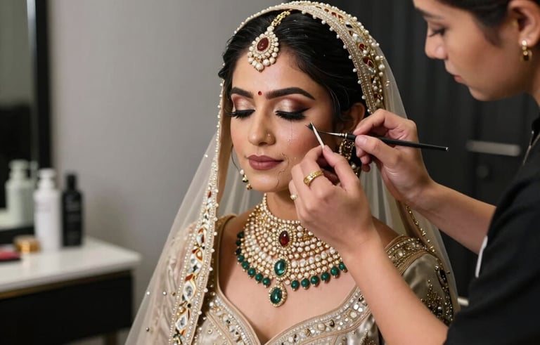 An elegant South Asian bridal makeover session in a luxury salon setting. The makeup artist is carefully applying finishing touches to the bride. The background features light gray and black sophisticated decor.