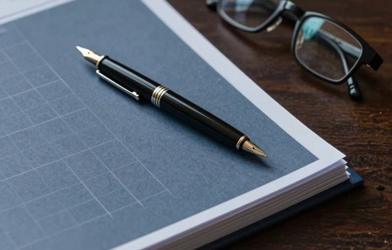 A close-up of a dark wooden desk with neatly organized accounting folders, a high-quality fountain pen, and classic reading glasses. The style is professional and discreet, using a dark blue and grey-blue color palette.