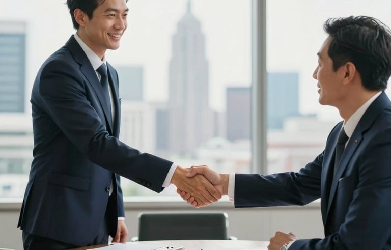 A professional business meeting in a bright, modern Central European boardroom. Two professionals in business attire shake hands over a polished wooden table. Background shows a blurred city skyline. Colors include dark blue and gold tones.