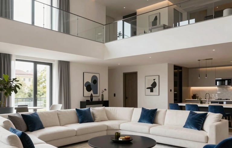 A high-end residential interior in Bratislava, featuring modern Central European architecture, clean lines, and sophisticated furniture. The lighting is soft and natural, emphasizing a sense of security and home. The palette uses off-white and medium blue accents.