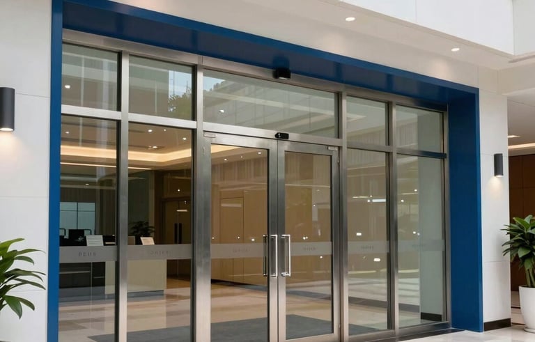 Wide shot of high-security automatic glass sliding doors in a modern, authoritative corporate headquarters lobby in the US. The scene features clean lines, steel blue accents, and a professional, dependable atmosphere under bright daylight.