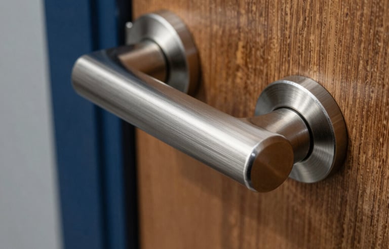 Macro photography of an industrial-grade brushed steel door handle being professionally fitted to a heavy wooden door. The focus is sharp on the metallic texture, set against a background of navy blue and soft grey in a North American commercial setting.