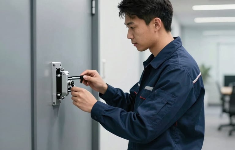 A professional technician wearing a navy blue uniform inspecting a heavy-duty commercial door closer in a modern North American office hallway. The lighting is bright and clean, emphasizing a mood of technical expertise and reliability. The scene uses a palette of steel blue and soft grey.