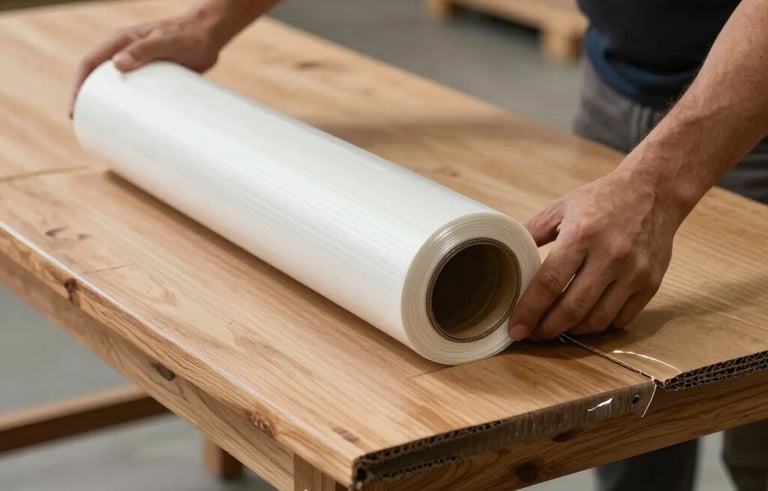 Close-up shot of professional movers in Peru using high-quality protective film and thick cardboard to wrap a wooden table in a well-lit warehouse setting.