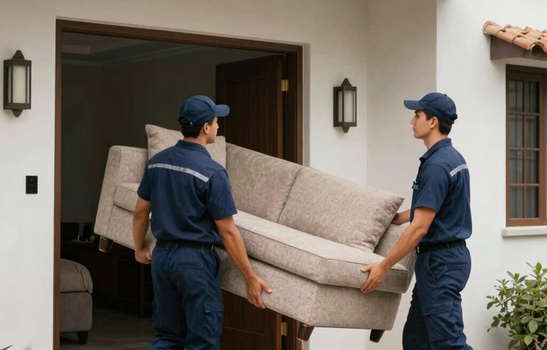 Two professional movers wearing dark blue uniforms carrying a couch into a residential house in Lima, South American architecture, trustworthy and efficient mood.
