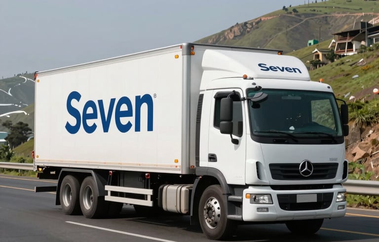 A professional white logistics truck with the name Seven on the side, driving along a modern highway in the outskirts of Lima, South American landscape, bright daylight, cinematic composition, photography style.
