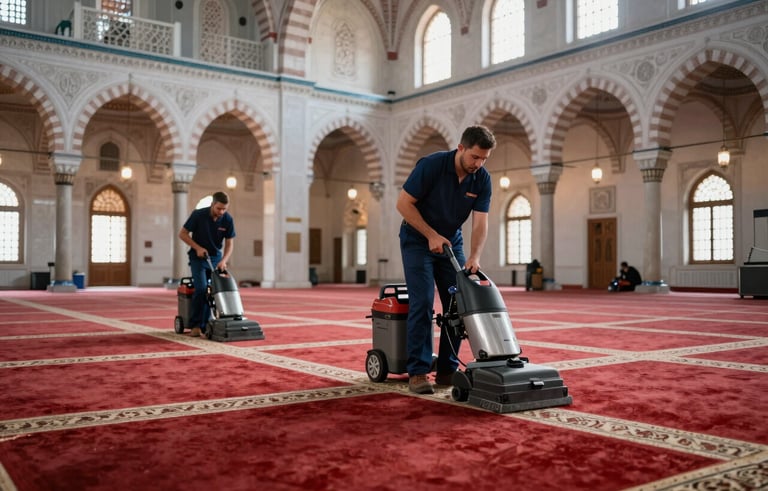 Wide photography shot inside a grand mosque with intricate architecture, showing professional cleaners in uniforms using industrial carpet cleaning equipment on a large red prayer rug. Respectful atmosphere, soft daylight, Turkish / Anatolian architectural details.