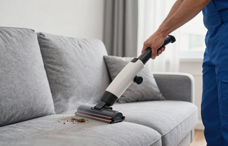 A close-up photography shot of a professional cleaning tool suctioning dirt from a modern grey sofa. A technician in a clean corporate uniform is performing the work. Modern Turkish / Anatolian apartment interior, bright and clean aesthetic, emphasizing moisture extraction.