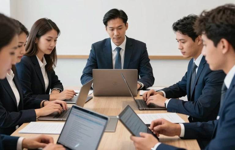 Photography of a South American professional environment where a team is collaborating in a bright, clean conference room, using tablets and laptops with deep blue and amber accents.