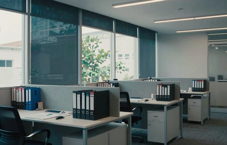 A wide shot of a minimalist, modern office in Brazil, featuring clean lines, organized filing systems, and large windows with soft natural light, reflecting deep blue and green tones.