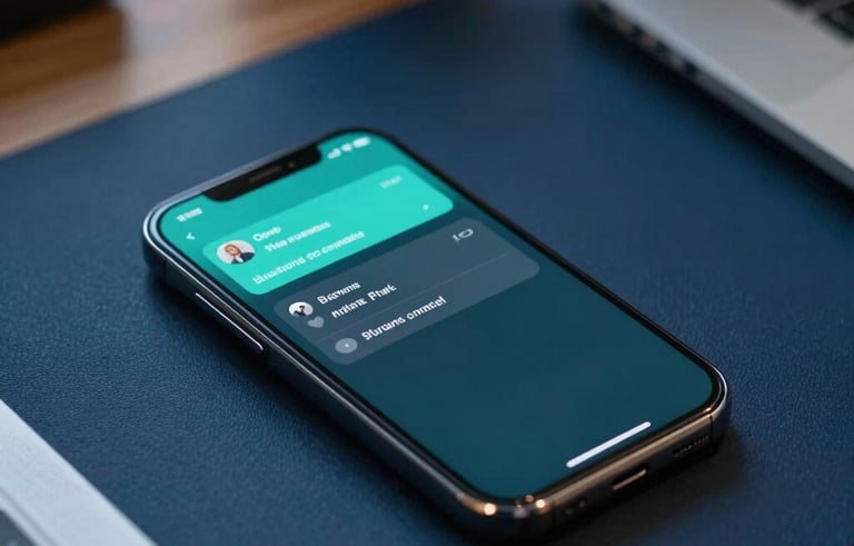 A close-up, high-quality photograph of a modern Brazilian executive's desk with a smartphone displaying a notification alert, soft corporate lighting, color palette of deep blue and teal.
