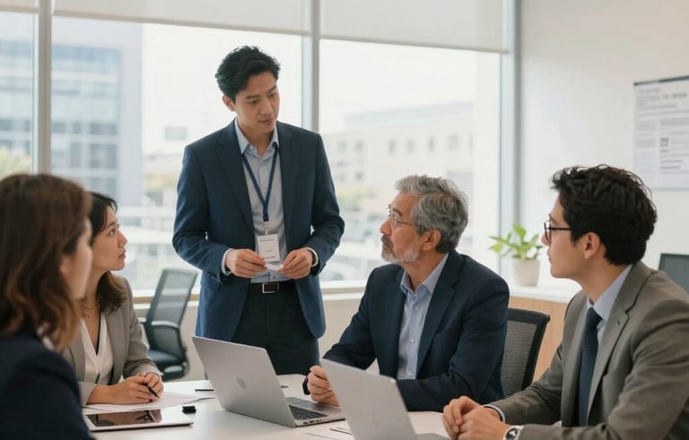 A professional and brightly lit office environment in North American Southern California where professionals are discussing business terms. The atmosphere is confident, modern, and warm, featuring clean steel blue and off-white tones.