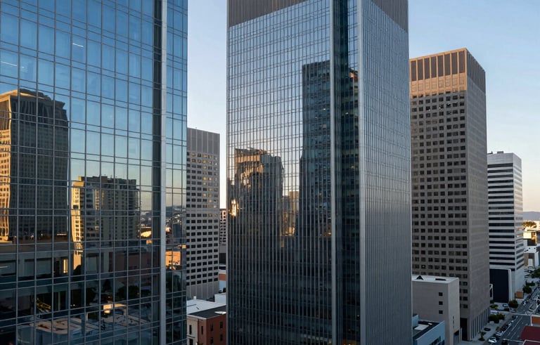 A high-angle view of a modern Southern California financial district with sleek glass buildings reflecting the light blue sky. The scene conveys a sense of professional power, efficiency, and modern architectural elegance.