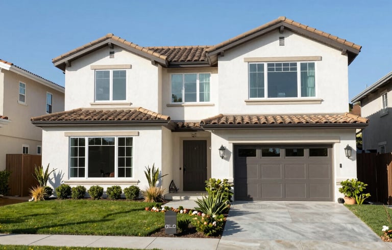 A crisp, professional photograph of a modern residential home in a sunny Southern California neighborhood with manicured landscaping and clear blue skies. The lighting is bright and natural, reflecting prosperity and stability.