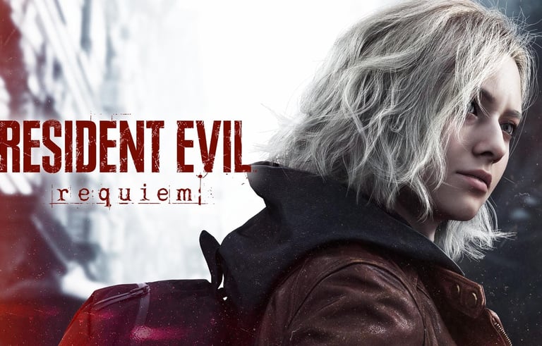 Resident Evil Requiem poster featuring Ashley Graham with blonde hair and a brown jacket.