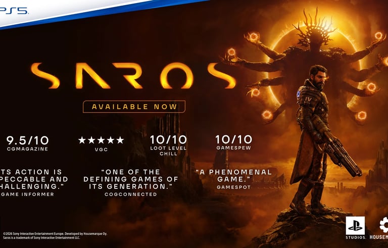 Official Saros PS5 game promotional poster featuring a warrior and a multi-armed celestial entity.