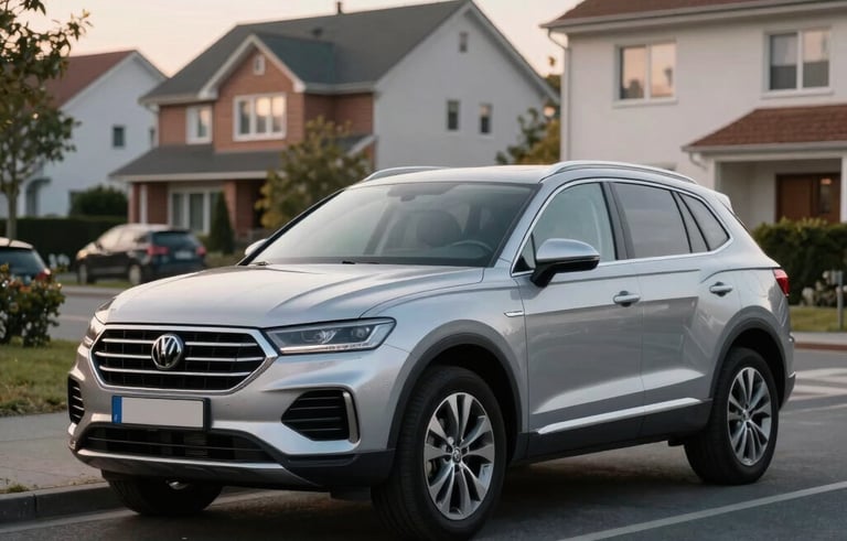 Professional photography of a silver family SUV parked on a clean street in a Central European / German suburban neighborhood, soft morning light, realistic and sharp focus.