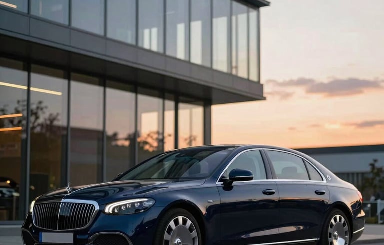 Elegant photography of a dark blue luxury executive sedan parked near a contemporary glass building in Germany, sunset lighting with soft orange and blue tones.