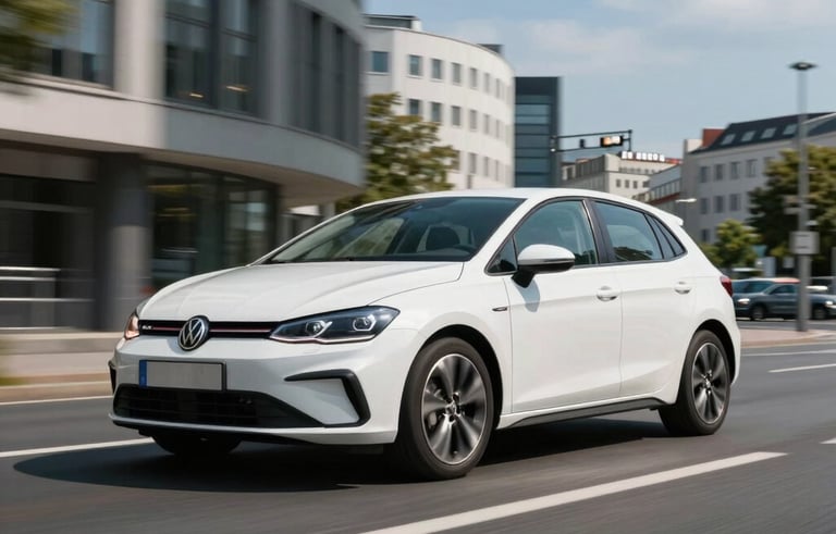 High-quality car photography of a white compact hatchback driving through a modern German city center, blue sky, realistic commercial automotive style.