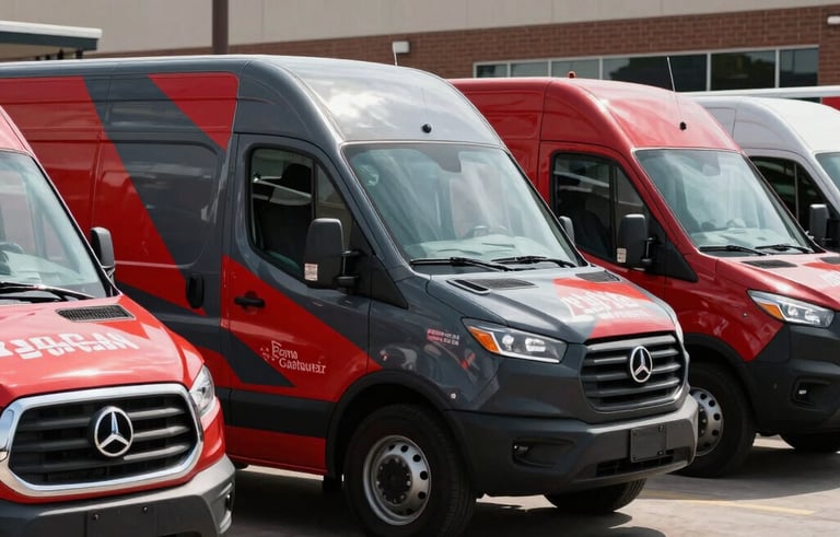 A fleet of commercial vehicles parked in a North American business district, featuring bold red and dark gray custom vinyl graphics. Wide shot, bright daylight.