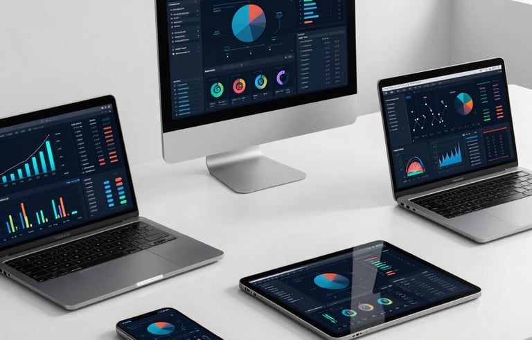 A modern, bright workspace featuring multiple mobile devices and tablets displaying complex data analytics and SEO performance charts. The environment is minimalist and high-end. Global / International.