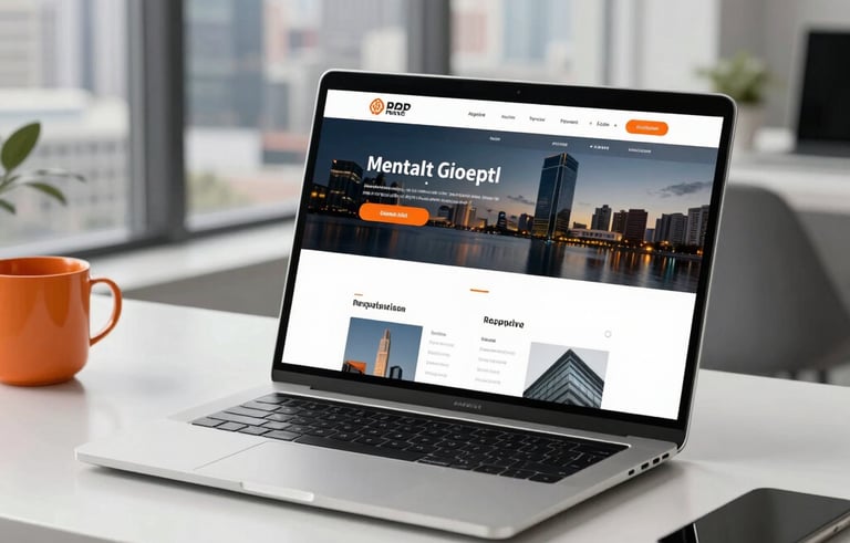 A sleek, minimalist workspace with a laptop showing a high-end, responsive website design. The setting is a bright, professional office with a view of a modern skyline. Accents of orange and silver are visible. Global / International.