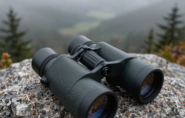 Sharp focus on high-end binoculars resting on a granite rock overlooking a foggy valley in the North American Pacific Northwest, professional outdoor lifestyle photography.