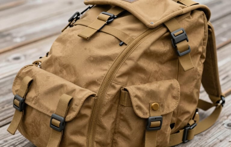 Close-up of a durable tan canvas hunting pack and gear laid out on a weathered wooden surface, soft natural lighting, earthy tones, North American setting.