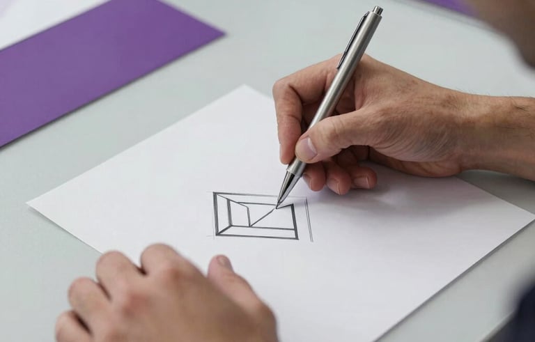 Close-up of professional designer's hands in a modern studio in Rome, Southern European setting. They are sketching a geometric logo on white paper using a silver pen. The environment is minimalist with light gray and medium purple accents. High-quality editorial photography.