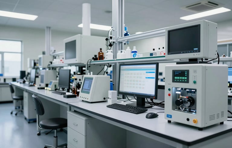 An interior of a modern engineering quality lab in a North American / Mexican facility. High-tech equipment, bright and efficient workspace, reflecting rigorous standards and professional quality management.