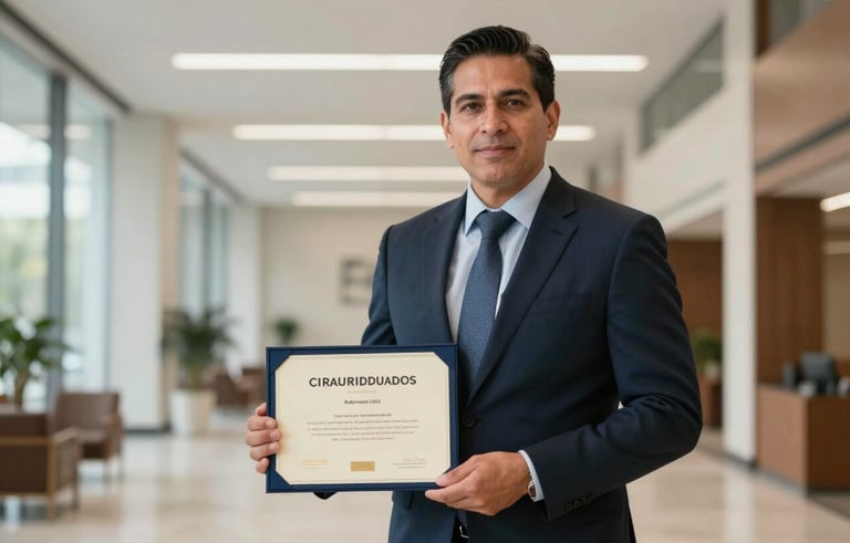 A portrait of a confident professional in North American / Mexican business attire holding a certificate in a clean, high-end office lobby with architectural lines. Professional lighting, conveying success and academic achievement.