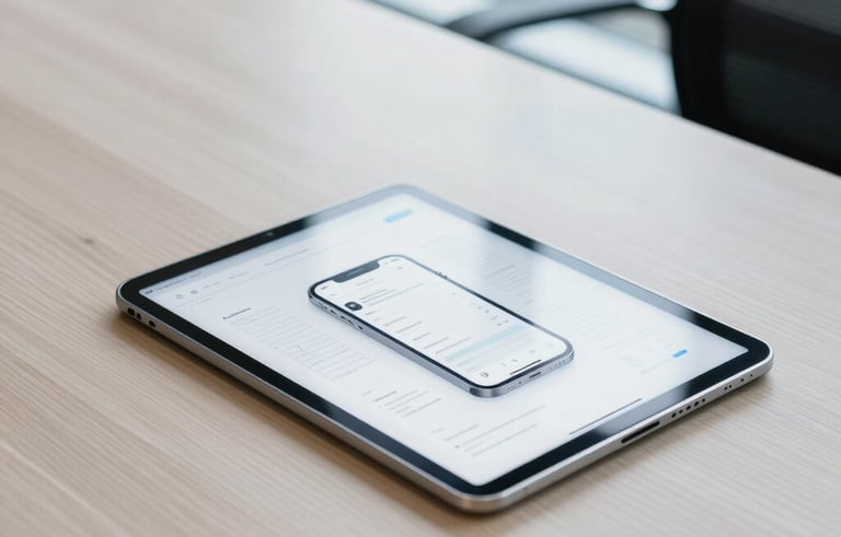 A clean, high-angle shot of a modern office in a North American city. A sleek tablet sits on a polished light wood desk, displaying a sophisticated mobile wireframe. Soft natural lighting from a large window creates a professional and efficient atmosphere. The palette features muted blue and off-white tones.