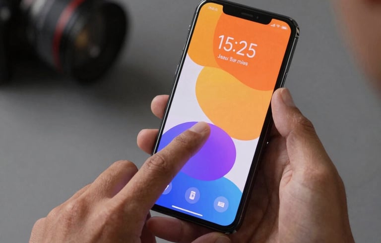 Close-up of a person's hands in a modern North American studio setting, interacting with a high-end Android smartphone. The screen shows a vibrant, user-centric interface with soft shadows and clean typography. The lighting is sophisticated and professional.