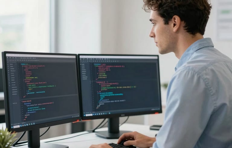 A professional software engineer in a bright, modern North American office, standing at a desk with dual monitors displaying clean, organized Kotlin code. The scene is bright and airy, using colors like pale blue and off-white to convey a trustworthy and innovative mood.