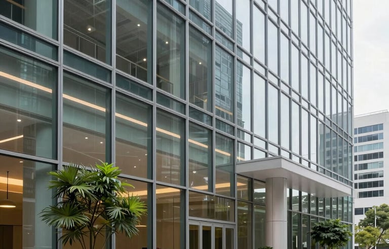A crisp, professional architectural shot of a sleek North American glass building lobby. The setting conveys security and growth with light green plants and modern lighting.