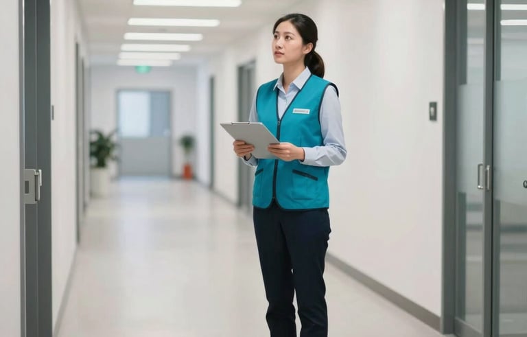 A professionally dressed supervisor in a teal vest inspecting a clean, wide corporate hallway in a US facility. The lighting is bright and modern, emphasizing a secure atmosphere.