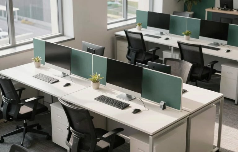 A high-angle professional photograph of a modern North American corporate office workspace with clean white desks and ergonomic chairs. Soft morning sunlight streams through large windows, and subtle deep green accents are visible in the decor.