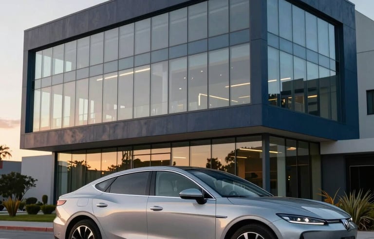 A sleek, modern silver car parked in front of a contemporary Mexican office building with glass windows at sunset. Clean architectural lines, professional photography, navy and slate blue aesthetic with natural outdoor lighting.